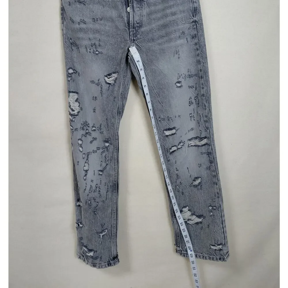 Zara Gray Acid Wash Distressed Button Fly Straight Leg Jeans Women Size 2